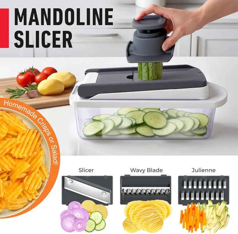 MuellerHome Vegetable Chopper, 12 in 1 Multi-functional Mandoline Slicer, Onion Dicer, Fruit Grater & Shredder with Storage Container for Kitchen