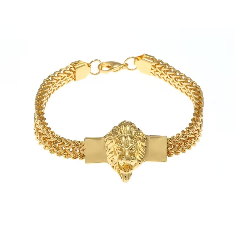 Men's Gold Plated Lion Head Statement Bracelet, Heavy Franco Chain Wrist Bangle for African Men