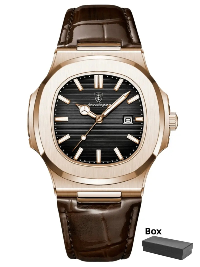 Men's Quartz Analog Watch, Rose Gold Stainless Steel Case, Square Dial with PU Leather Strap, Luminous Hands, Date Display, 30m Water-Resistant, Elegant Business Dress Watch, Analog Quartz Watches