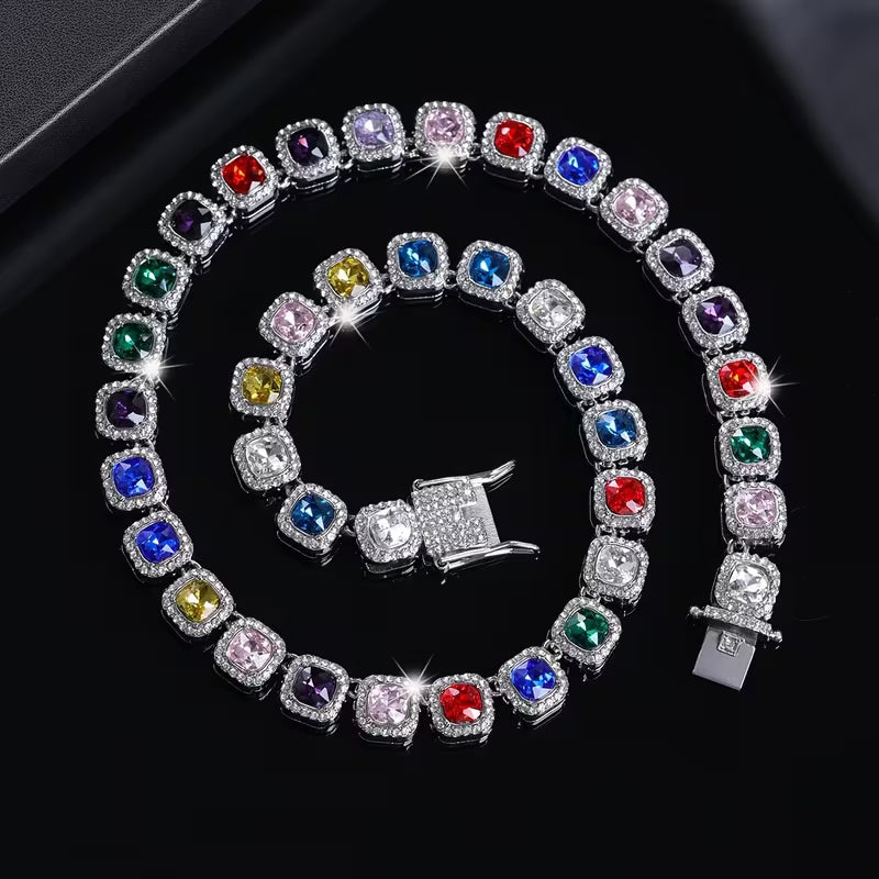 Multicolor Square Halo CZ Tennis Necklace, Iced Out Rainbow Gem Unisex Hip Hop Chain