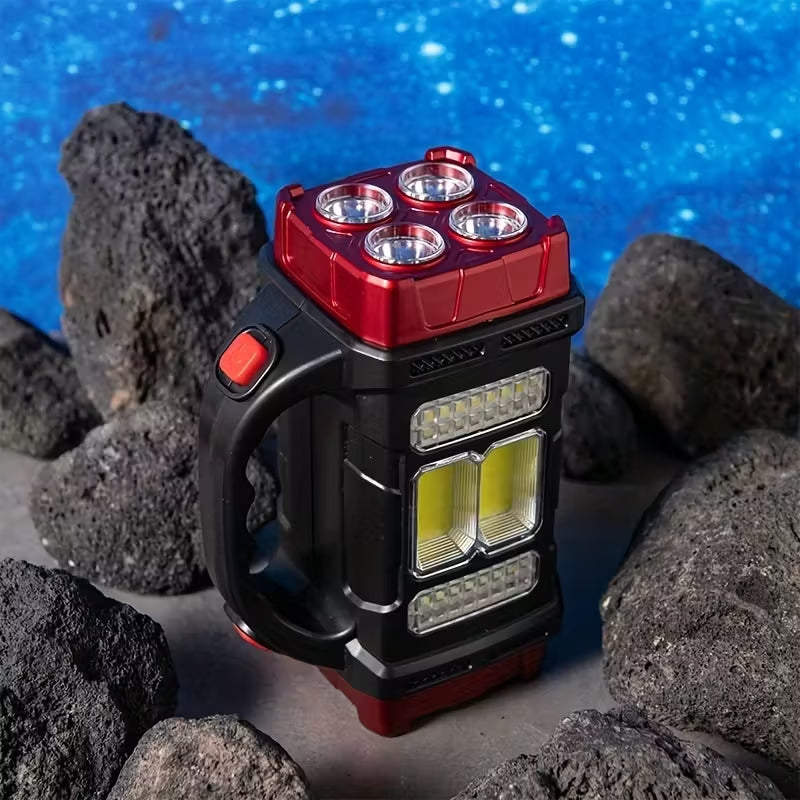Solar Rechargeable LED Handheld Searchlight, Multi-Light Modes Portable Emergency Lantern with Phone Charger, Outdoor Camping Torch