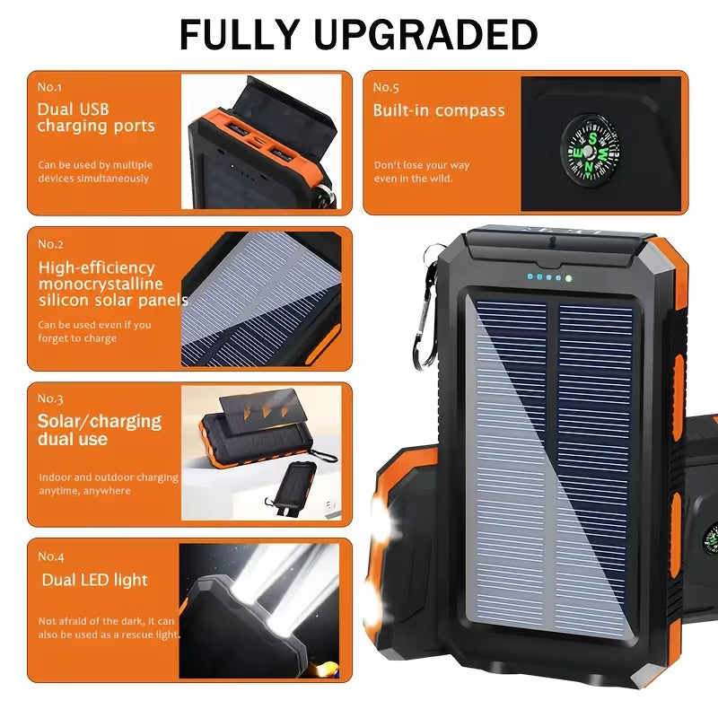 Outdoor Solar Power Bank, IP4 Waterproof Shockproof Portable Charger with Dual LED Flashlight, SOS Strobe Light & Compass, Dual USB Fast Charging, Emergency Power Bank for Camping Hiking Fishing Travel