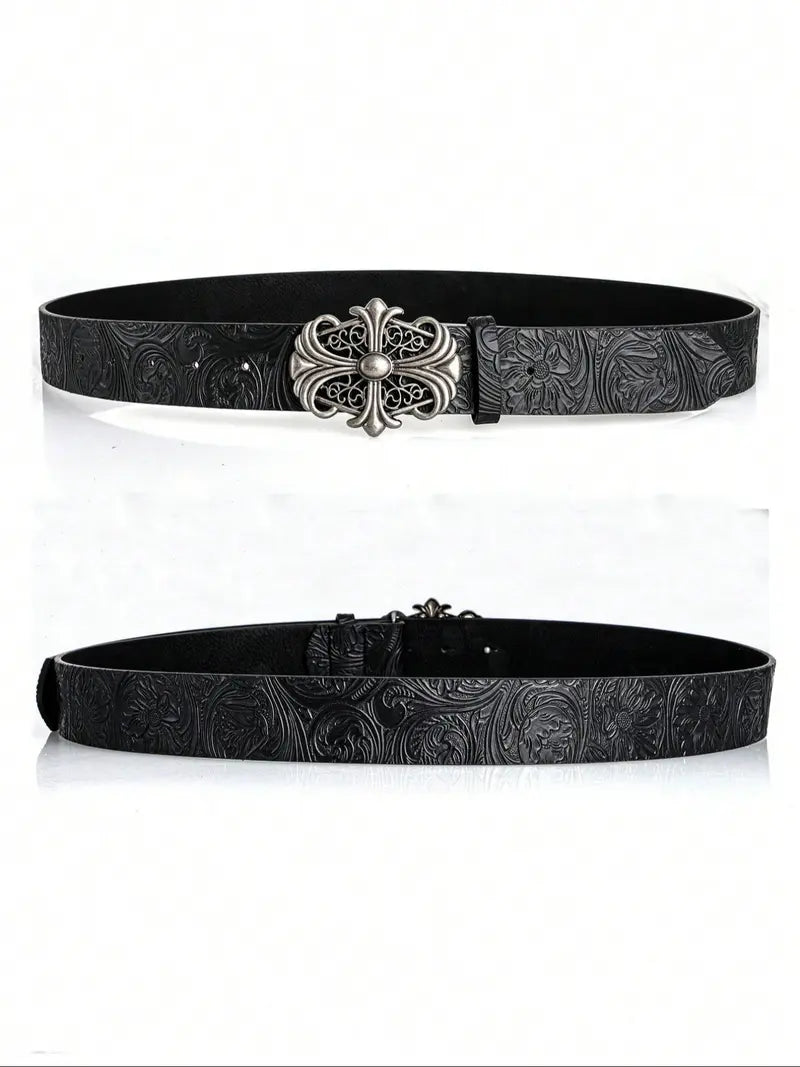 Boho-style faux leather Western-textured cowboy belt featuring a cross buckle and Gothic flair; a unisex accessory suitable for pairing with jeans and casual wear.