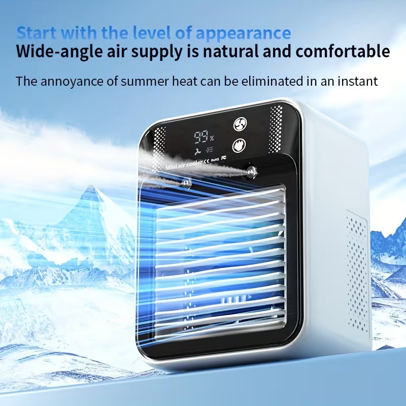 Portable cooling fan with long-lasting battery life and USB-C charging; features 2 speed settings and 2 airflow modes (direct/circulating), plus an integrated cooling function.