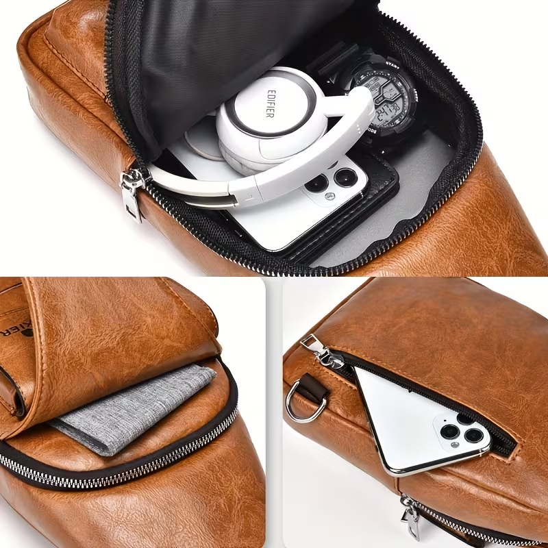 Men Vintage PU Leather Chest Bag, Large Capacity Multi-Pocket Crossbody Sling Bag for Outdoor Daily Travel