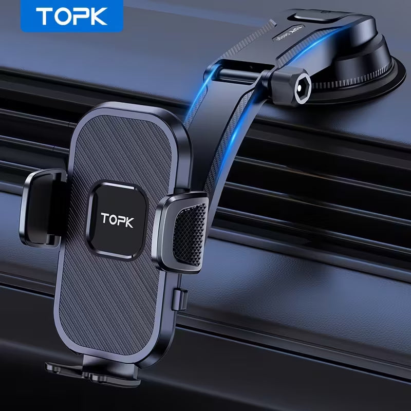TOPK Car Phone Holder, 360° Rotation Suction Cup Mobile Phone Mount, One‑Hand Quick Release Car Smartphone Stand for Dashboard & Windshield