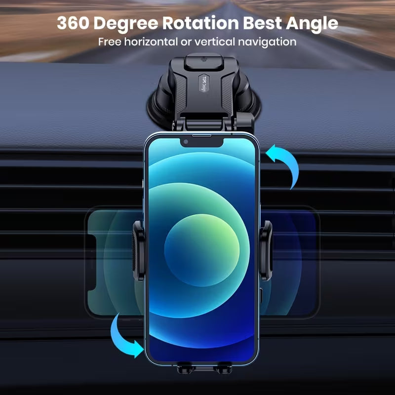TOPK Car Phone Holder, 360° Rotation Suction Cup Mobile Phone Mount, One‑Hand Quick Release Car Smartphone Stand for Dashboard & Windshield
