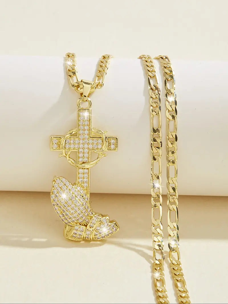 Iced Out Cross Anchor Wing Pendant Necklace, 18K Gold Plated Figaro Chain Hip Hop Necklace for Men