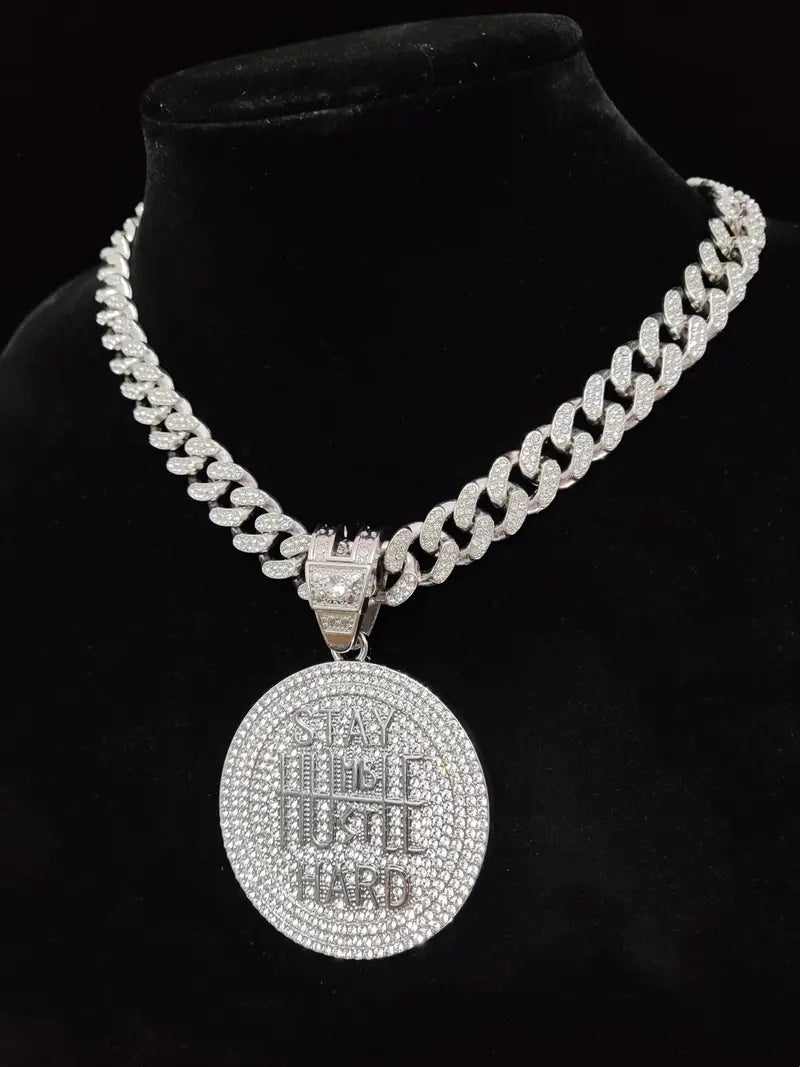 Iced Out Stay Humble Hustle Hard Round Pendant Necklace, Mens Silver Cuban Link Chain Hip Hop Bling Jewelry