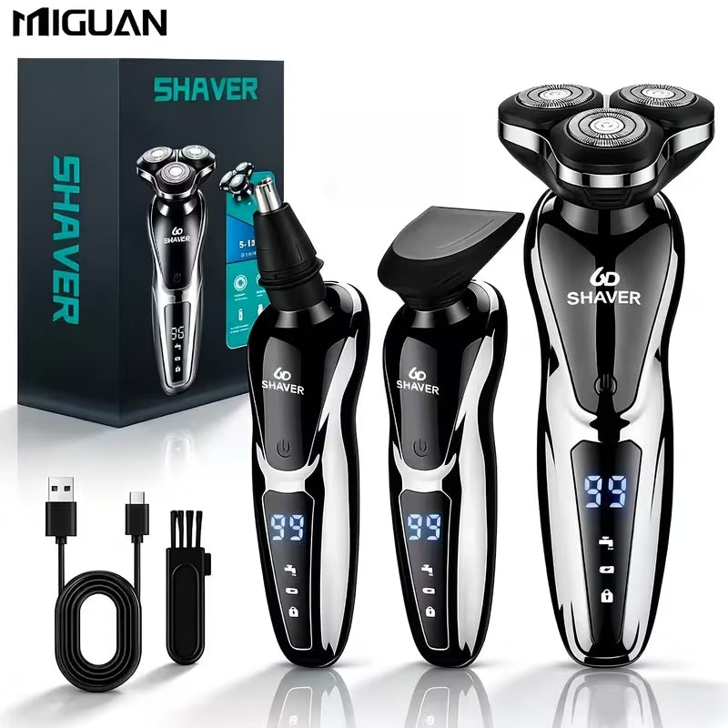 6D Electric Shaver for Men, 3 in 1 Rechargeable Rotary Shaver with Digital Display, Multifunctional Grooming Kit for Beard, Sideburn & Nose Hair Trimming