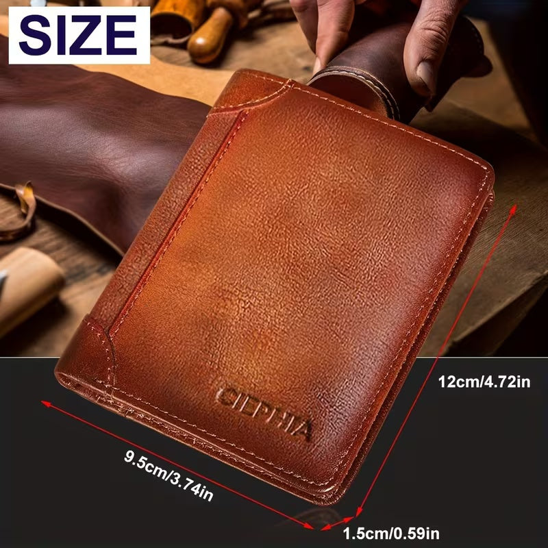 CIEPHA Premium Genuine Cowhide Leather Trifold Wallet – RFID Blocking, 9 Card Slots, 2 ID Windows & Cash Pockets (Brown)