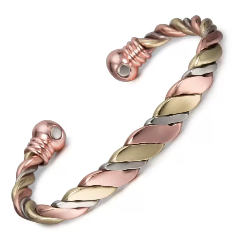Adjustable Open Magnetic Bracelet – Tri-color braided copper design with a hidden magnetic clasp; unisex, durable, and versatile; suitable for both casual and formal occasions; an artistic accessory.