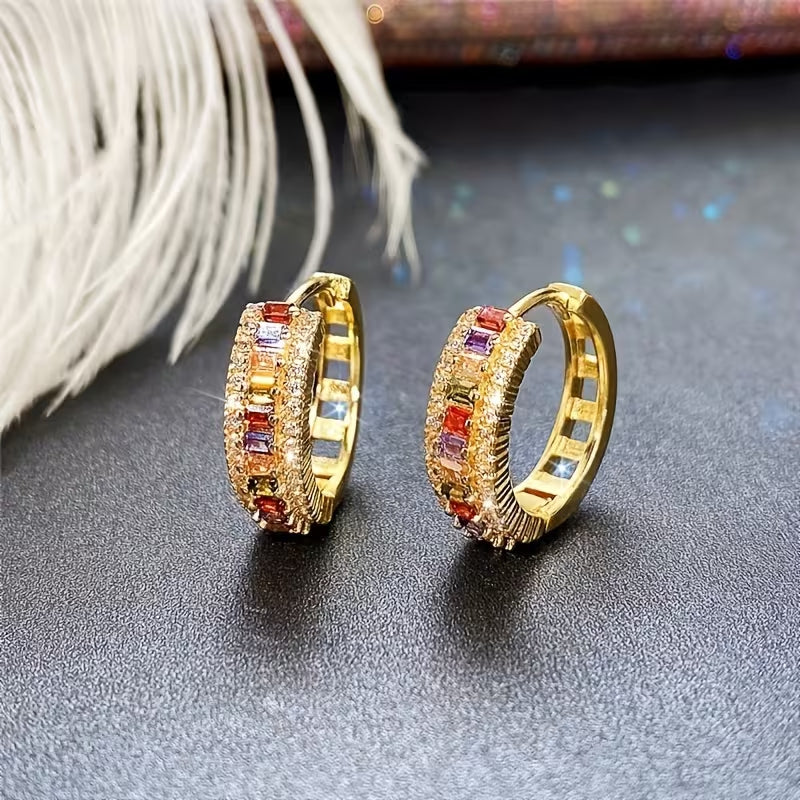Gold Plated Rainbow Multicolor Cubic Zirconia Huggie Hoop Earrings for Men & Women, Sparkling Baguette Crystal Hip Hop Unisex Earrings