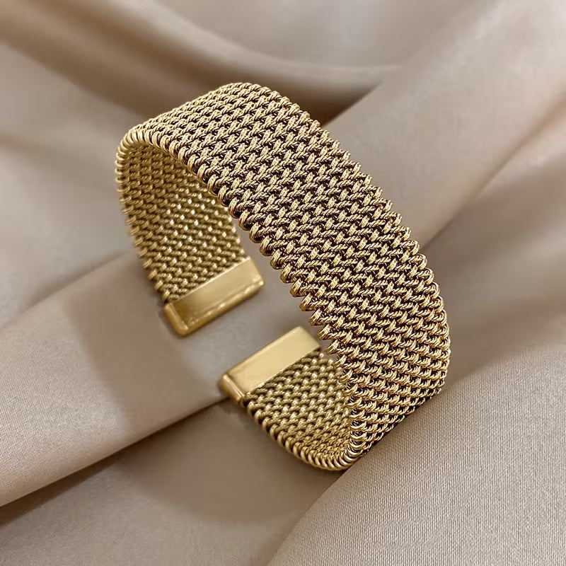 Vintage Stainless Steel Braided Mesh Open Bracelet, Classic Cuff Waterproof Jewelry, for Women Men Daily Party Wear Jewelry Additions Gifts