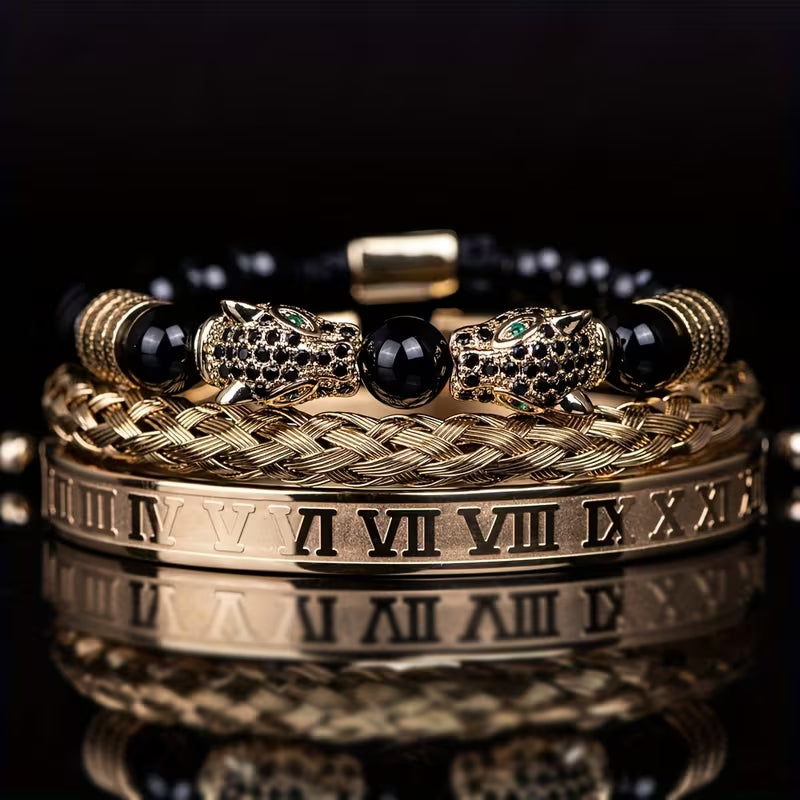 3Pcs Men’s Black Panther Bracelet Set, Roman Numeral Stainless Steel Bangle, Braided Leather & Natural Stone Beaded Bracelets, Adjustable Wrist Jewelry Gift for Men