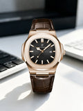 Men's Quartz Analog Watch, Rose Gold Stainless Steel Case, Square Dial with PU Leather Strap, Luminous Hands, Date Display, 30m Water-Resistant, Elegant Business Dress Watch, Analog Quartz Watches