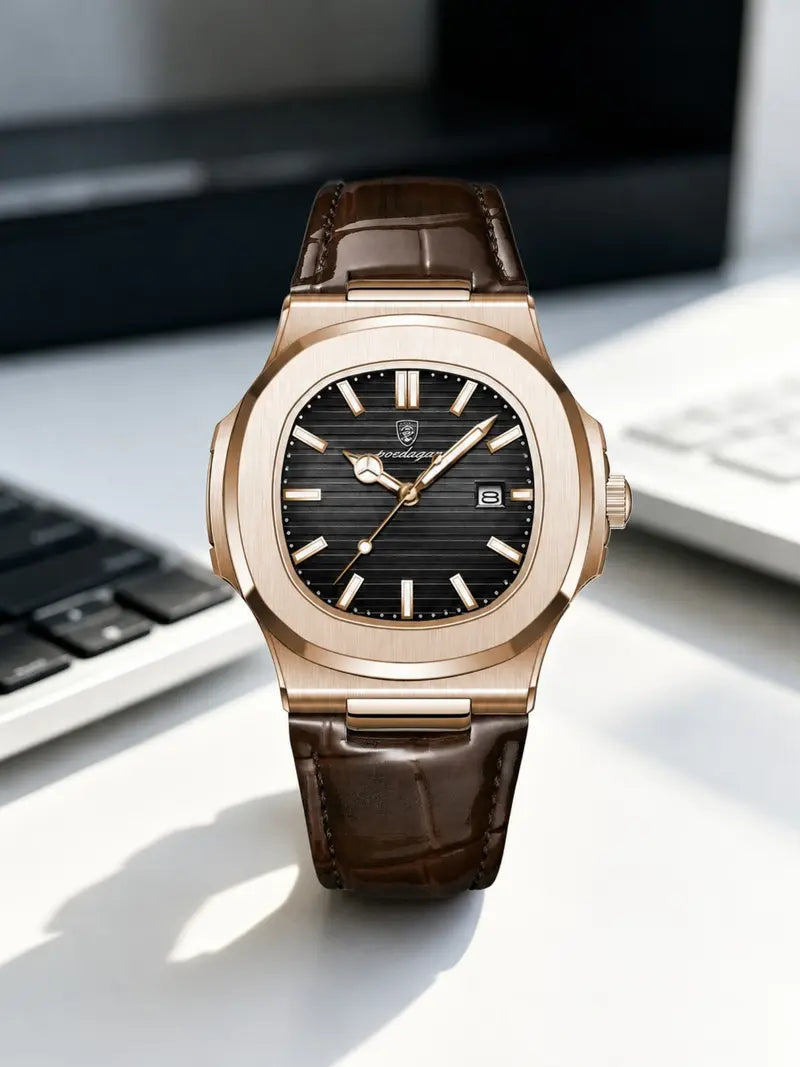 Men's Quartz Analog Watch, Rose Gold Stainless Steel Case, Square Dial with PU Leather Strap, Luminous Hands, Date Display, 30m Water-Resistant, Elegant Business Dress Watch, Analog Quartz Watches
