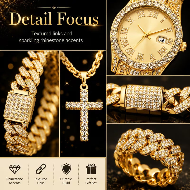 Iced Out Gold Watch & Jewelry Set for Men, Hip Hop Diamond Wrist Watch, Cross Pendant Necklace, Cuban Link Bracelet & Ring, Luxury Rhinestone Full Bling Gift Set