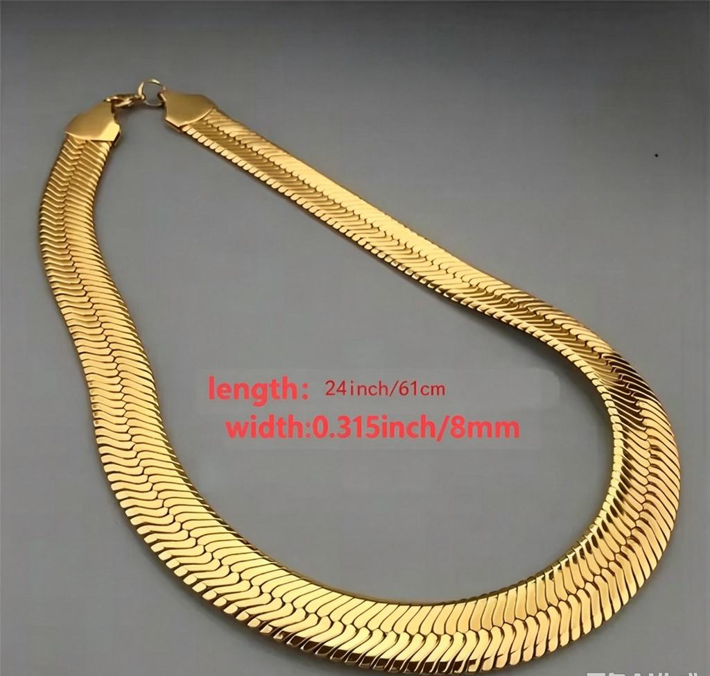 A 8mm-wide gold-plated men's chain necklace—a classic herringbone style designed to sit at the collarbone.