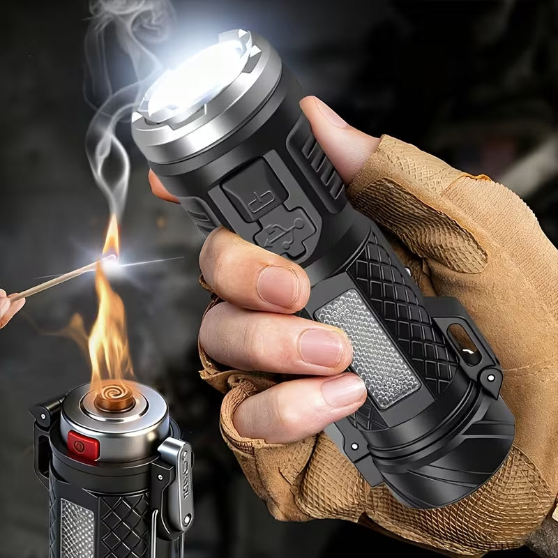 Multifunctional LED Flashlight with Windproof Electric Lighter, 7 Lighting Modes COB Side Light, Type-C Rechargeable Portable Torch for Camping Hiking Fishing Outdoor Emergency