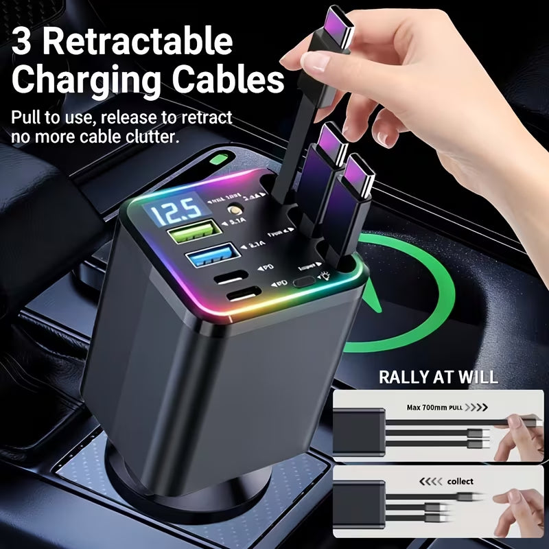 7-in-1 Retractable Fast-Charging Car Charger with Starlight-Style Design; features a 180° adjustable plug and tangle-free design; includes three retractable cables, two USB ports, and two Type-C ports; compatible with all vehicle models.