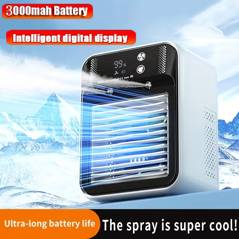 Portable cooling fan with long-lasting battery life and USB-C charging; features 2 speed settings and 2 airflow modes (direct/circulating), plus an integrated cooling function.