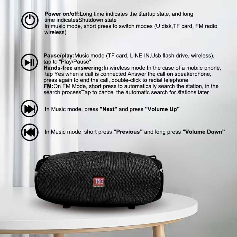 Portable Wireless Speaker, Dual Speakers, Wireless Speaker, TWS Stereo High-Resolution Audio, Hands-Free Calling/FM/TF Card/USB Drive, Connects to Phone/Tablet/TV, Supports Card & USB Drive, Compatible with TF Card/USB Drive/Built-in Microphone