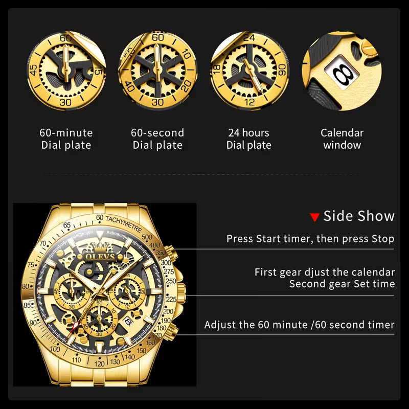 OLEVS Men Stainless Steel Luxury Chronograph Watch, Multifunctional with Date, Classic Business Dress Wristwatch, Gift for Men