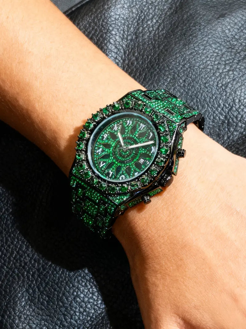 Men Iced Out Green Emerald Rhinestone Watch, Full Bling Arabic Numeral Dial Quartz Wrist Watch, Luxury Hip Hop Stainless Steel Bracelet Watch with Date Window