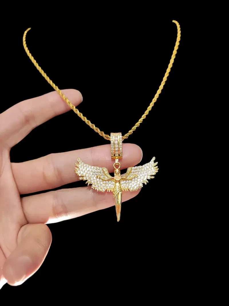 Artificial Zircon Angel Pendant Necklace with Stainless Steel Chain, Men  Punk Style Jewelry, Fashion Vintage Accessory for Daily Wear or Party, Celestial Pendant Necklace, Jewellery Pendant, Zircon Gemstone Necklace