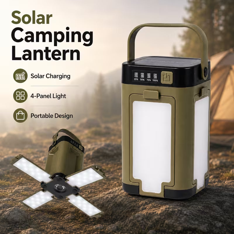 Solar Camping Lantern, 4‑Foldable Panels LED Flood Light, USB & Solar Rechargeable Portable Outdoor Emergency Lamp with Multiple Lighting Modes for Camping, Power Outage