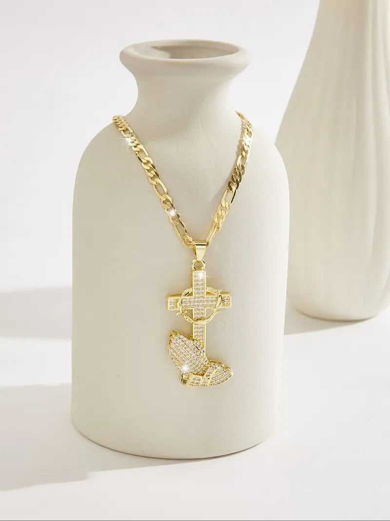 Iced Out Cross Anchor Wing Pendant Necklace, 18K Gold Plated Figaro Chain Hip Hop Necklace for Men