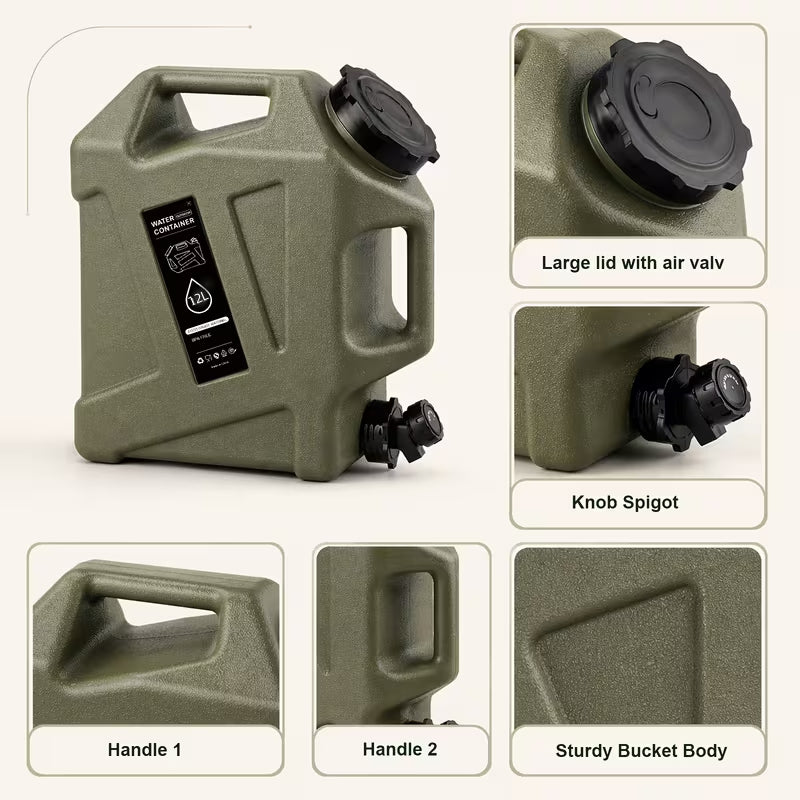 3.17-Gallon (12L) Water Container with Dual Handles and Spigot – BPA-Free PVC Tank – Versatile Water Storage for Outdoors, Camping, RVs, and Hiking