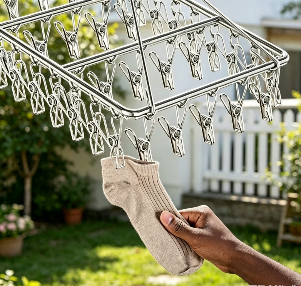 A windproof hanging laundry rack with clips—suitable for clothes, socks, and underwear; a space-saving, multifunctional drying rack for use in homes, bedrooms, and on balconies.
