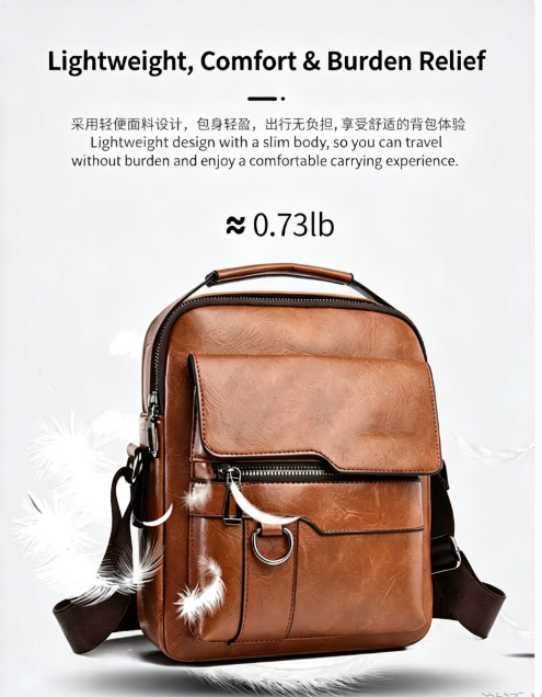 New men's genuine leather sling backpack—a high-capacity commuter bag featuring vintage street style, an adjustable strap, and durable cowhide; suitable for business travel and daily use, and a perfect gift for Father's Day.