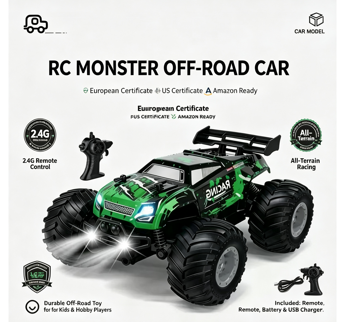 RC Monster Truck Remote Control Car | All Terrain Off‑Road Racing Toy Car, Perfect Gift for Boys Kids