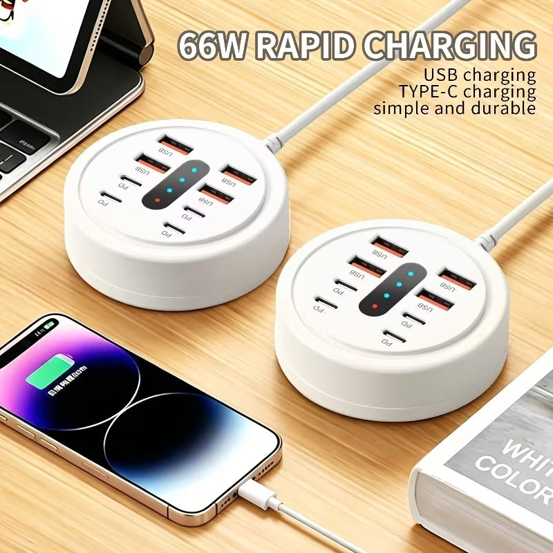 66W Multi Port USB C Charging Station, 4 USB-A + 4 Type-C PD Fast Charger Hub, Desktop Round USB Charger for Multiple Devices