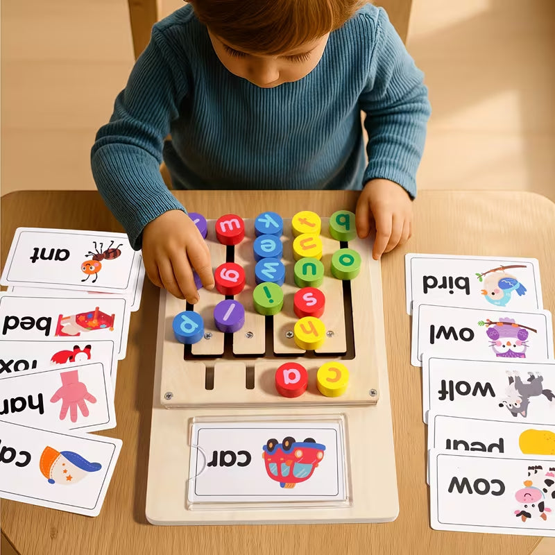 [Educational Spelling Toy] Educational Letter Matching Toy Featuring a Spelling Board With 12 Double-Sided Cards, Showcasing 24 Words for Kids