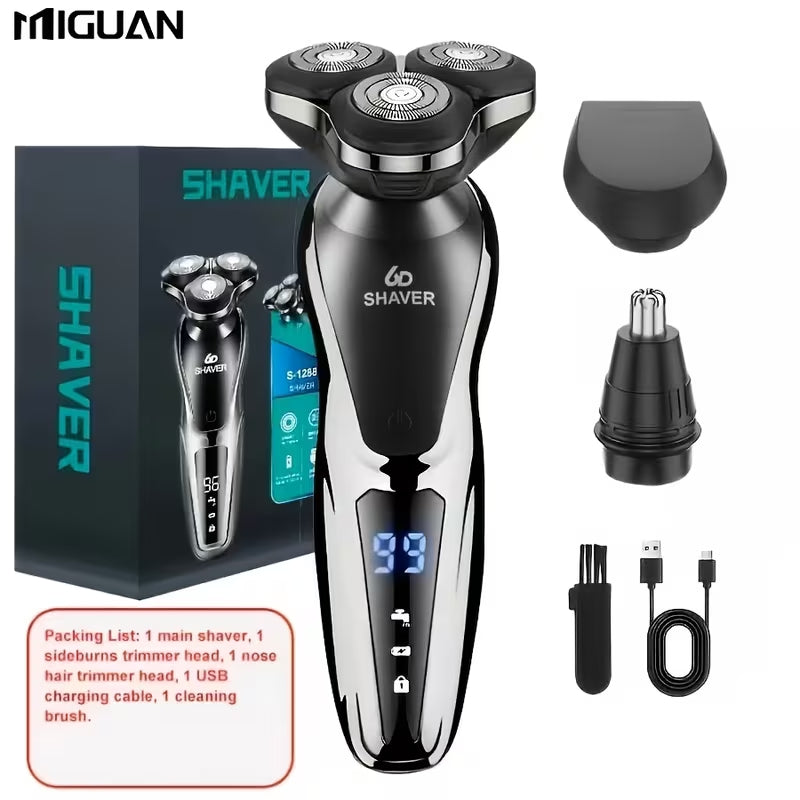 6D Electric Shaver for Men, 3 in 1 Rechargeable Rotary Shaver with Digital Display, Multifunctional Grooming Kit for Beard, Sideburn & Nose Hair Trimming