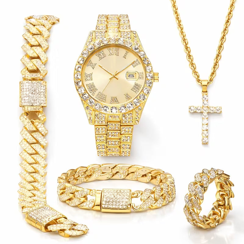 Iced Out Gold Watch & Jewelry Set for Men, Hip Hop Diamond Wrist Watch, Cross Pendant Necklace, Cuban Link Bracelet & Ring, Luxury Rhinestone Full Bling Gift Set