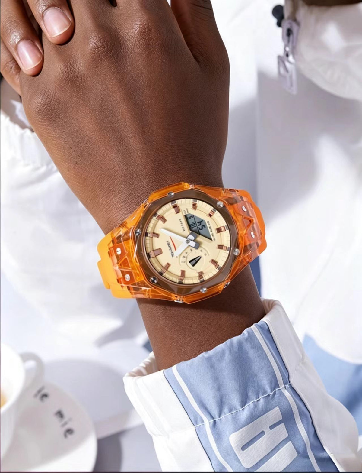 SKMEI 2411 Men’s Analog-Digital Sport Watch, Transparent Orange PC Case, 5ATM Waterproof, Multi-Function World Time Wrist Watch with Silicone Band