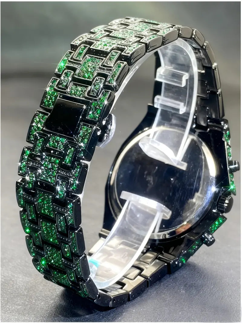 Men Iced Out Green Emerald Rhinestone Watch, Full Bling Arabic Numeral Dial Quartz Wrist Watch, Luxury Hip Hop Stainless Steel Bracelet Watch with Date Window