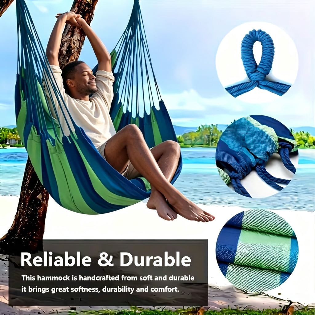 Hanging Hammock Chair, Blue Green Striped Swing Chair with Hanging Ropes & Storage Bag, Portable Outdoor Indoor Hammock for Camping, Garden, Patio