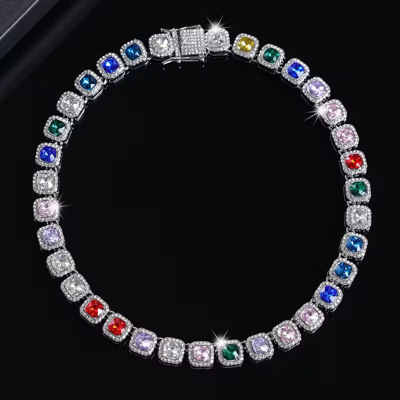 Multicolor Square Halo CZ Tennis Necklace, Iced Out Rainbow Gem Unisex Hip Hop Chain