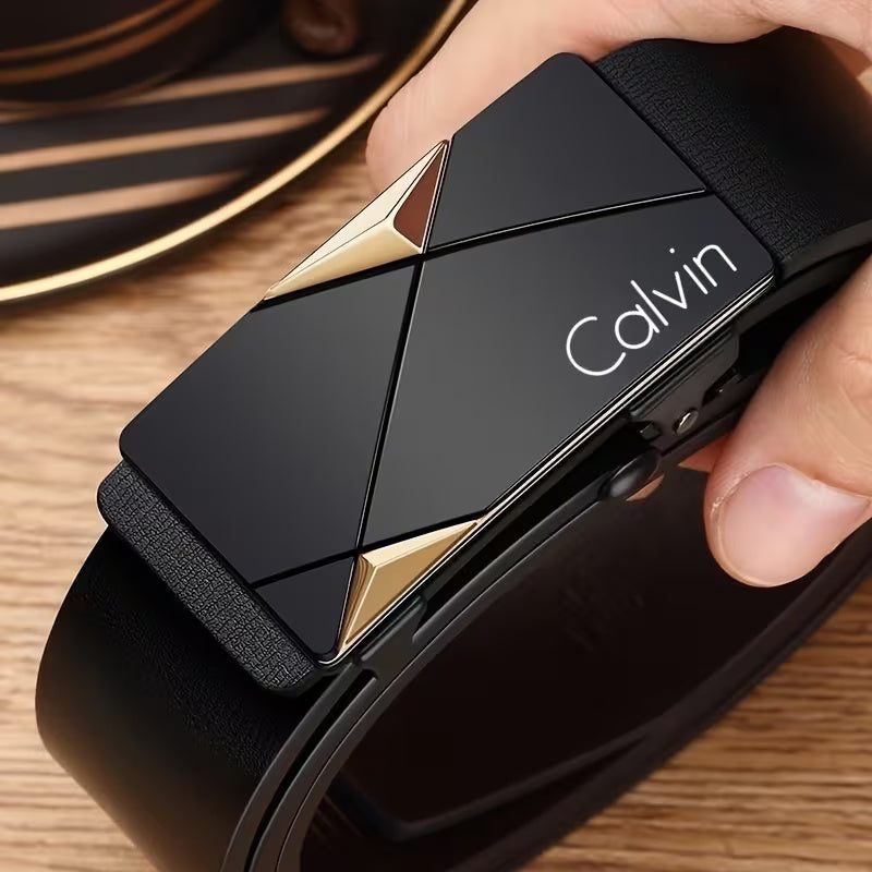 Calvin Premium Automatic Buckle Leather Belt – 1-Second Quick Release, No-Hole Adjustable Strap