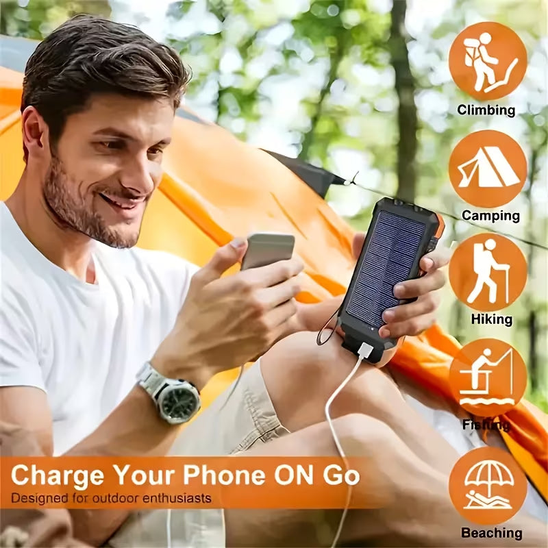 Outdoor Solar Power Bank, IP4 Waterproof Shockproof Portable Charger with Dual LED Flashlight, SOS Strobe Light & Compass, Dual USB Fast Charging, Emergency Power Bank for Camping Hiking Fishing Travel