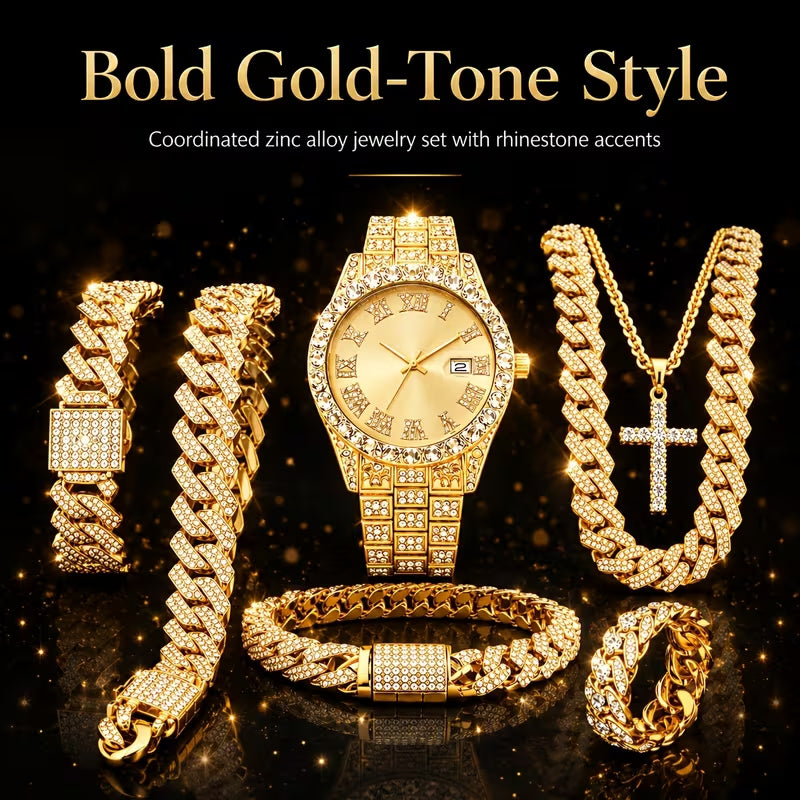 Iced Out Gold Watch & Jewelry Set for Men, Hip Hop Diamond Wrist Watch, Cross Pendant Necklace, Cuban Link Bracelet & Ring, Luxury Rhinestone Full Bling Gift Set
