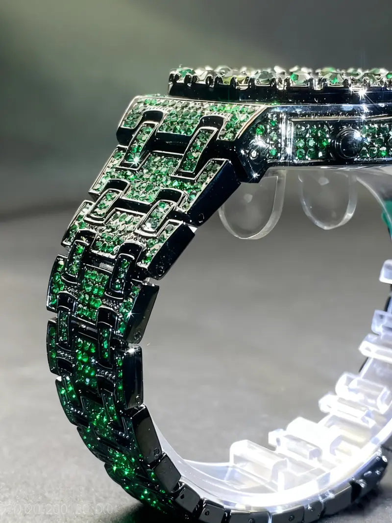 Men Iced Out Green Emerald Rhinestone Watch, Full Bling Arabic Numeral Dial Quartz Wrist Watch, Luxury Hip Hop Stainless Steel Bracelet Watch with Date Window
