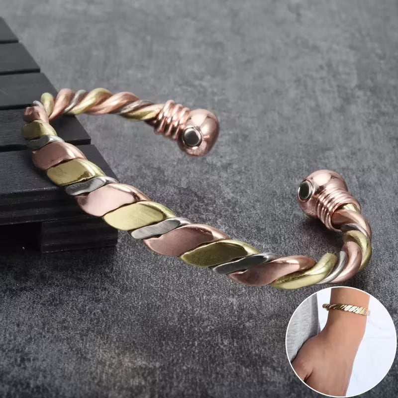 Adjustable Open Magnetic Bracelet – Tri-color braided copper design with a hidden magnetic clasp; unisex, durable, and versatile; suitable for both casual and formal occasions; an artistic accessory.