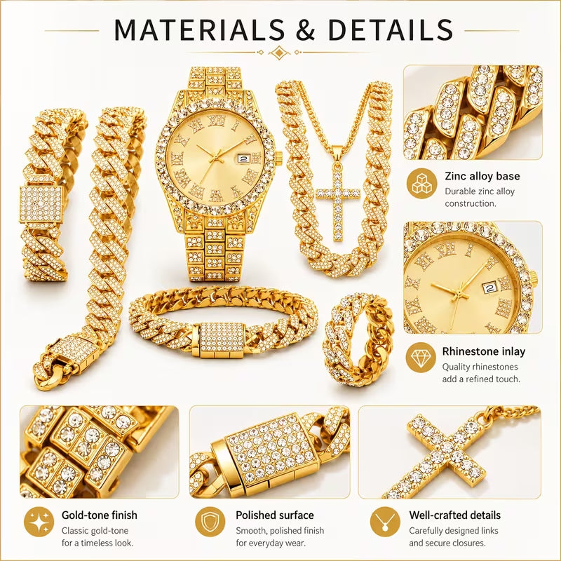 Iced Out Gold Watch & Jewelry Set for Men, Hip Hop Diamond Wrist Watch, Cross Pendant Necklace, Cuban Link Bracelet & Ring, Luxury Rhinestone Full Bling Gift Set